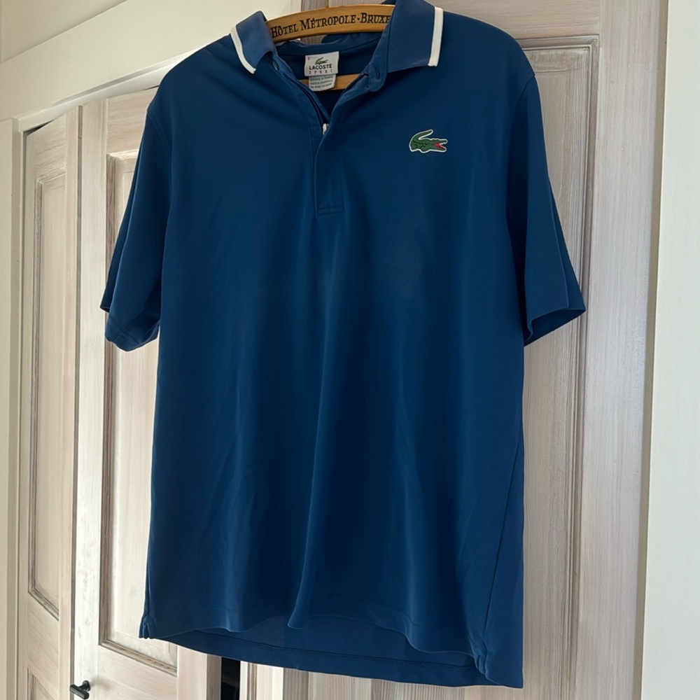 Lacoste men’s polo shirt blue with oversized alligator and quarter zip size 6